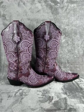 Black Star Medina Western Boots Womens 7 Purple Leather All Over Embroidery